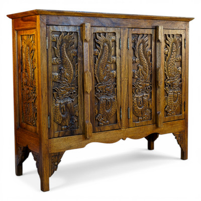 Akazie Massivholz Schrank Schnitzerei Drachen Thailand Kommode Sideboard Natur