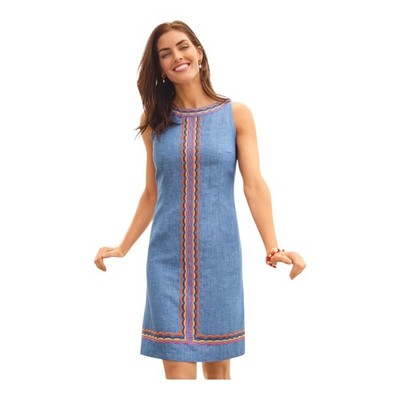 Talbots Womens Colorful Scallop Embroidered Linen Blend Chambray Shift Dress 18
