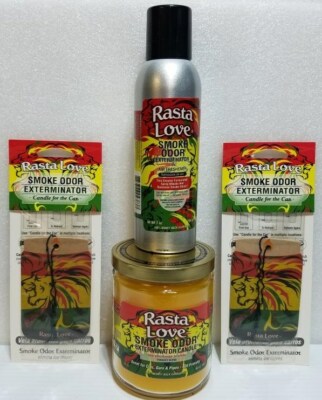 Smoke odor Rasta Love One 13 oz Jar Candles One 7 oz Spray & Two Car Hangers