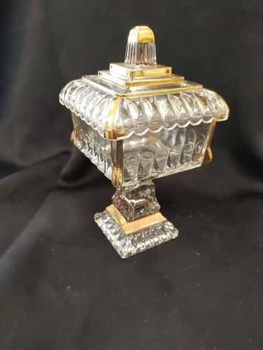 Vintage Jeannette Glass Clear Wedding Box Candy Dish Compote w/Lid Gold Trim USA