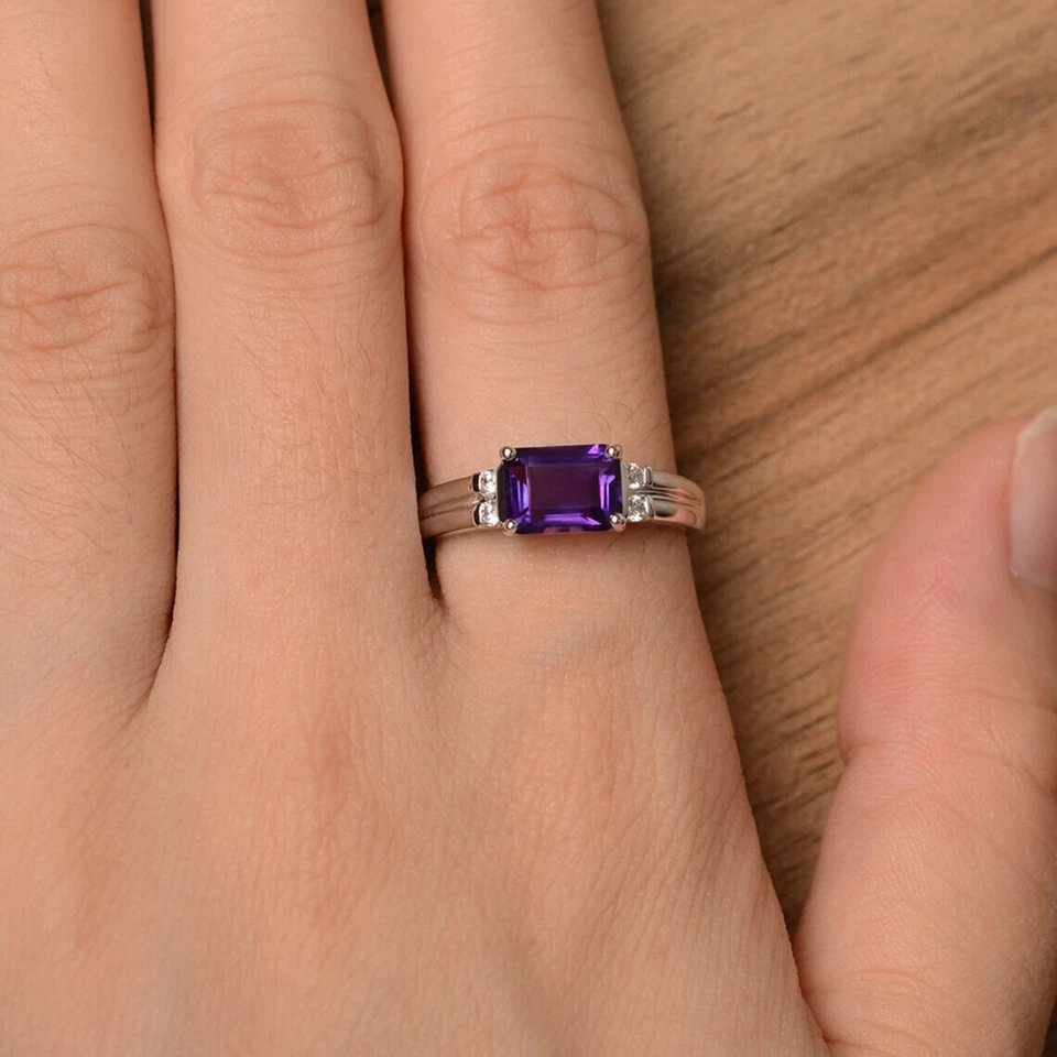 Natural Amethyst Women Ring Natural Gemstone Emerald Cut 925 Sterling Silver - Image 2 of 4