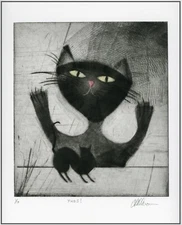 A VERY FRIGHTENED CAT! Original MEZZOTINT Signed Limited-Edition LISTED ARTIST