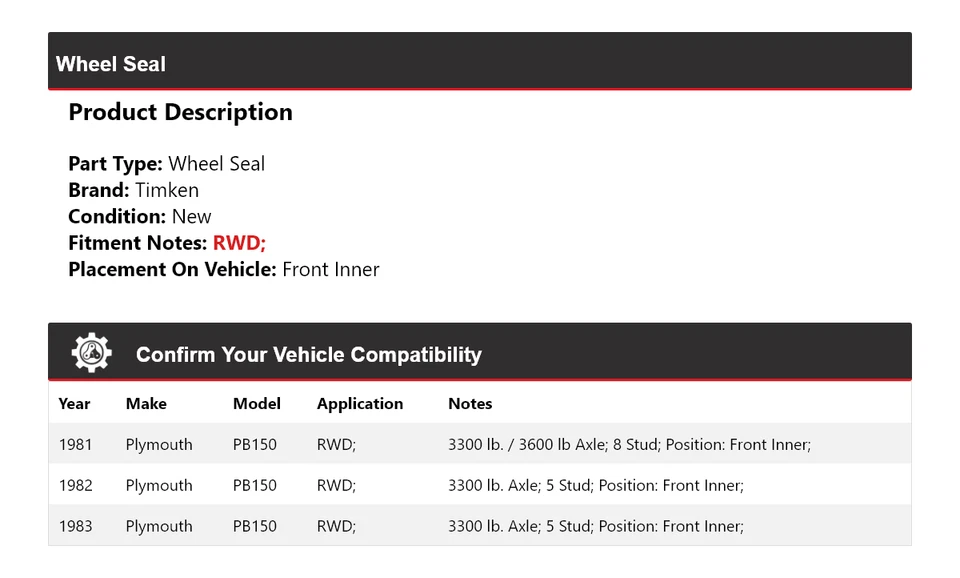 Sello de rueda interior delantero Timken 1982 para Plymouth PB150 1981-1983 tracción trasera Foto 2 de 4