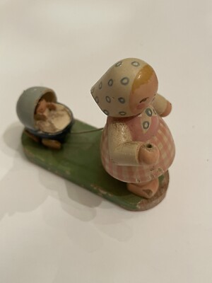 VTG Wendt & Kuhn Erzgebirge Hand Painted Wooden Mother Pulling Baby In Carriage
