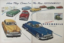 1949 vintage blue Oldsmobile automobile print ad Post War ll. 