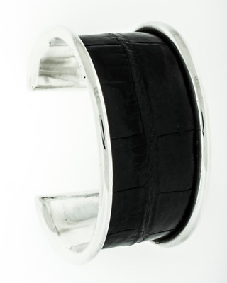 LABELLE breites schwarzes Krokodilleder 925 Sterling Silber Armreif Armband