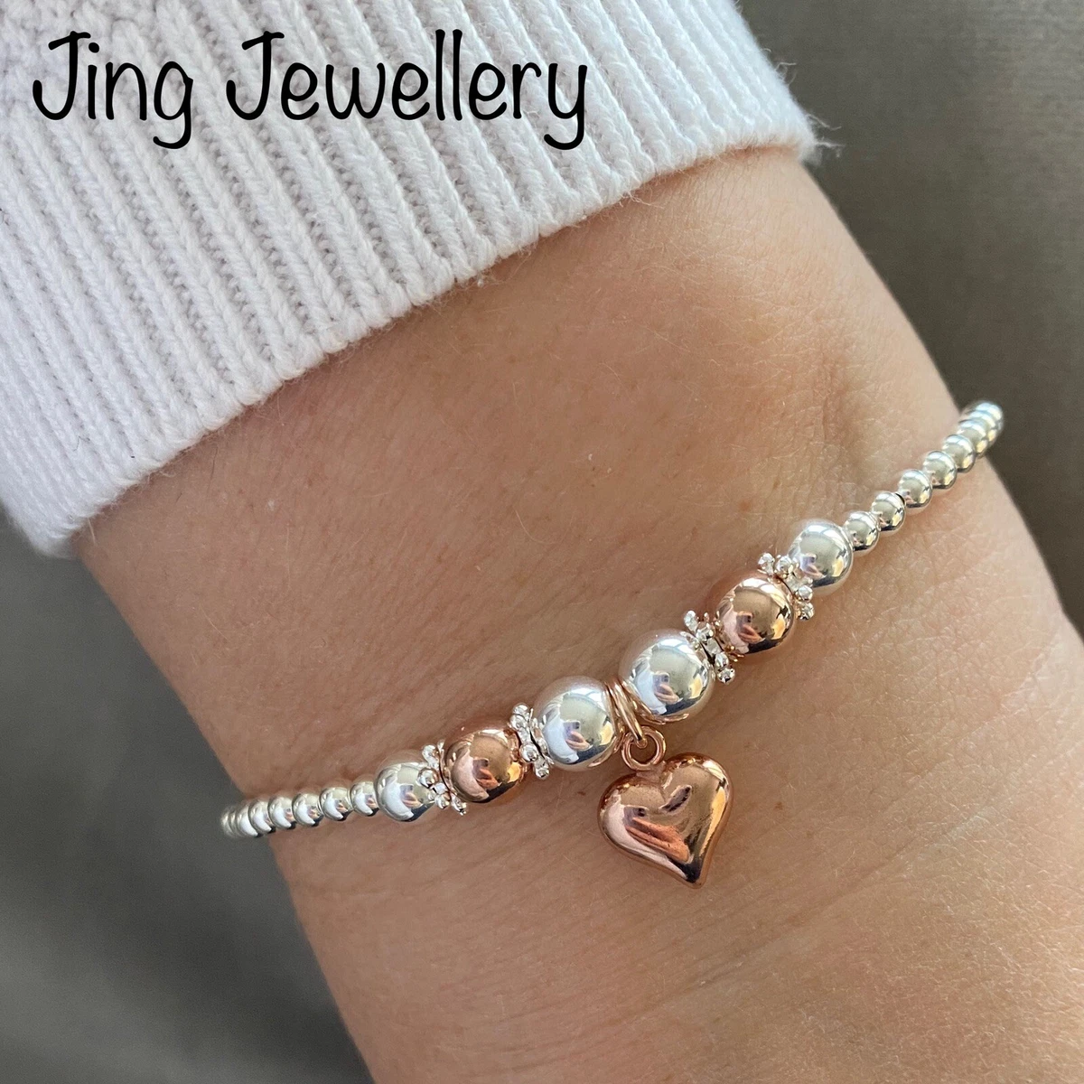Sterling Silver Rose Gold Bead Stretch Bracelet With Rose Gold Heart Charm 925