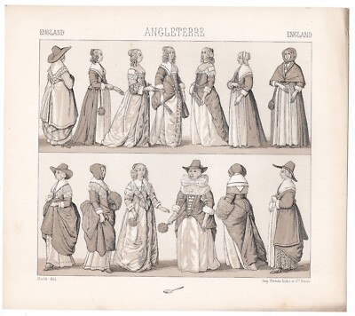 ENGLISH WOMEN'S FASHION - 17th Century Gowns Shawls & Bonnets 1888 Antique  Print | eBay