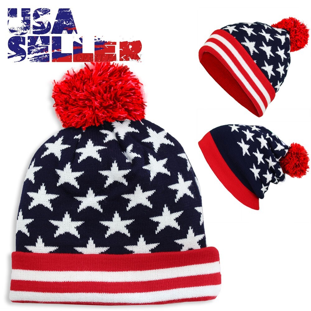 Beanie Hat American Flag USA Winter Warm Pom Patriotic Stars Strip Cap Men Women-image