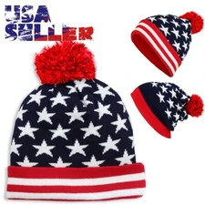 USA Flag Pom Beanie Knit Cuffed Winter Warm Stars Stripes Patriotic Mens Hat