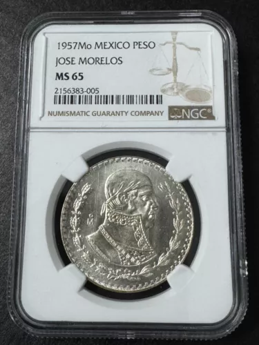 1957 Mo Mexico Silver Peso Jose Morelos Coin - NGC MS65