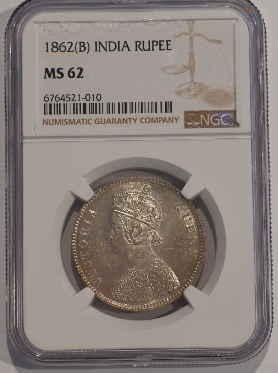 British India Victoria Queen 1862 (B) Bombay RUPEE NGC Graded MS