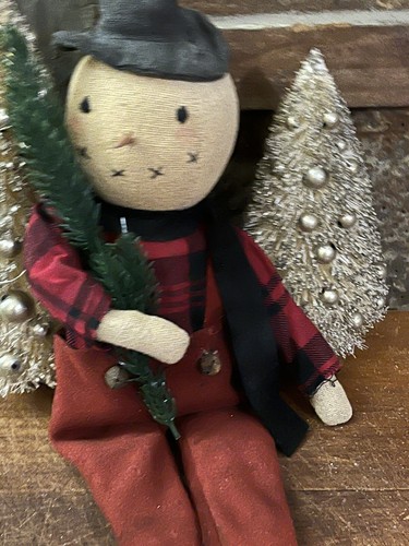 Grubby Primitive Rustic Christmas SNOWMAN w Red Black Flannel Overalls Doll - Picture 2 of 8