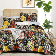 Floral Quilts Queen Size, Black Yellow Sunflower Botanical Fall Bedspread Beddin