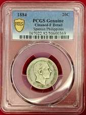 1884 Spanish Philippines 20 Centimos – PCGS F Details  Colonial Silver (3.23)