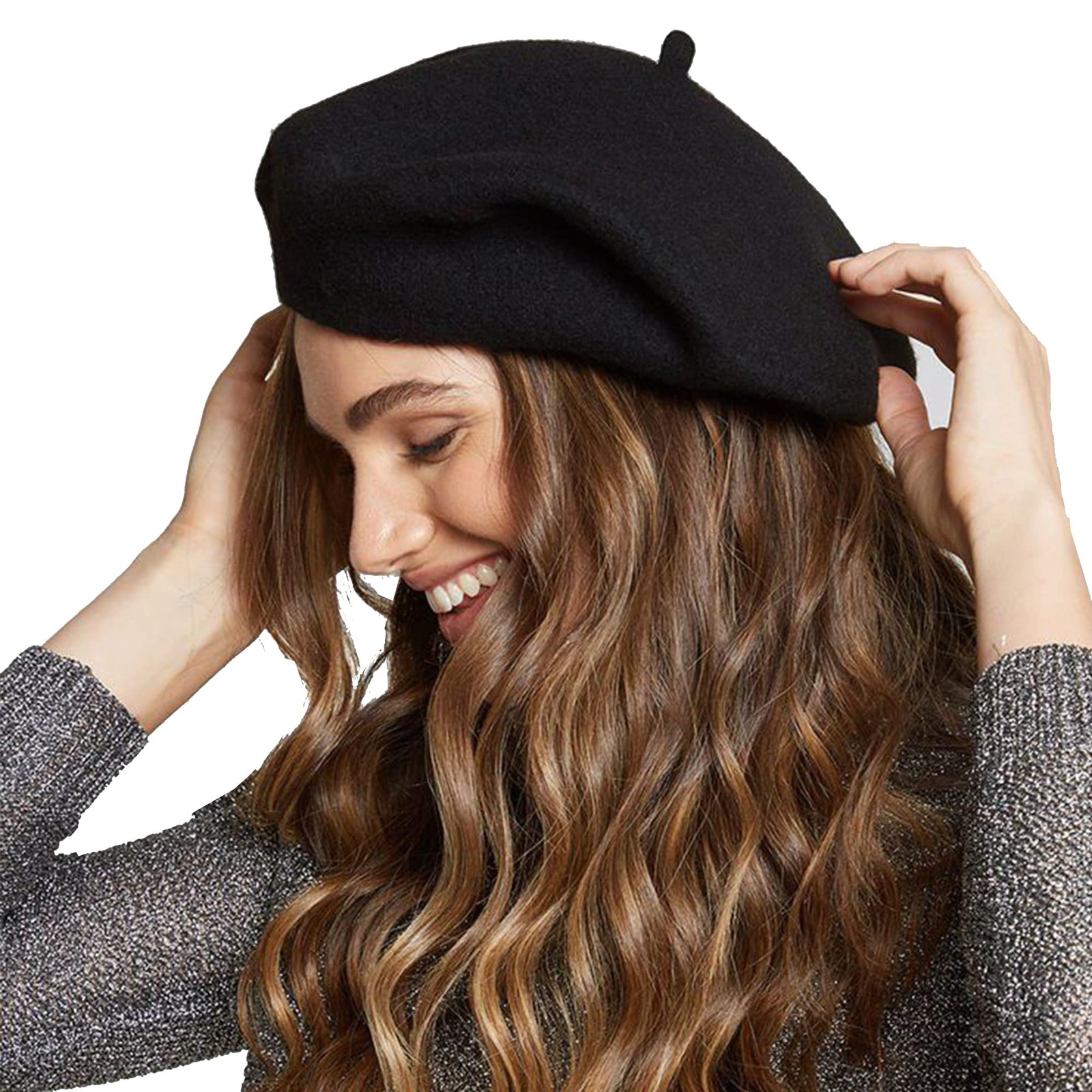 Womens Wool French Beret Chic Solid Beanie Hat One Size, Black