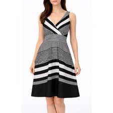 Frock Shop Women's Black White V-Neck Sleeveless Striped Wrap Midi Dress Size M
