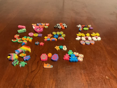 Pencil Erasers Mini Assorted Shapes Party Favors 1990’s Lot Of 81