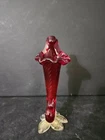 VTG  Murano Style Trumpet Cornucopia Red Ribbed Art Glass Vase Clear & Gold Base