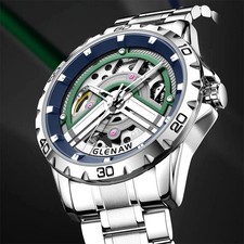 43MM GLENAW Automatic Men Watch Luxury Skeleton Waterproof Stainless Steel NEW