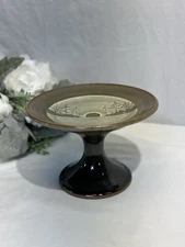 Artist Signed Pedestal Dish W/ Trees Water & Full Moon Brownish & Green 7.5” Dia
