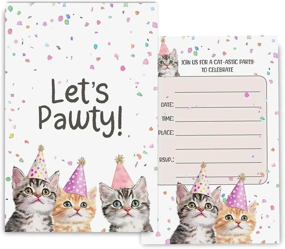 Invitaciones de cumpleaños para gatos para niñas, niños, pata de gato invitaciones de fiesta de cumpleaños... Foto 3 de 3