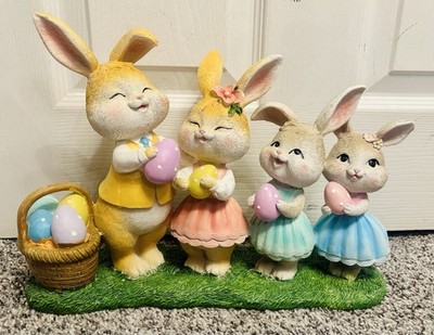 Spring Easter Bunny Family Holding Pastel Eggs Resin Figurine Statue Decor