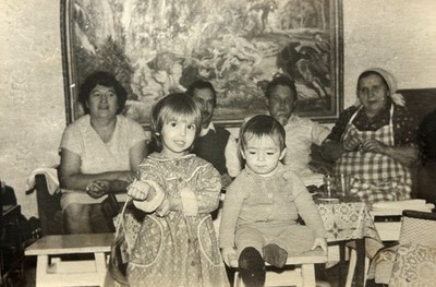 1960s Cute toddler little girls playing portrait odd ussr vtg snapshot photo B&W