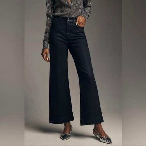 Paige Size 30 Anessa Wide Leg Denim Jeans Ankle Black Fog Luxe Coated $259