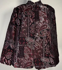 CJ Banks Jacket Women’s 1X Holiday Burgundy Black Metallic Paisley Tapestry Zip