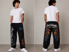Ed Hardy Mens XL Black Sweatpants Joggers Dragon Tiger Graphic Drawstring Y2K