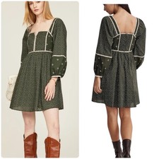 Madewell Simi Patchwork Mini Dress Sz 2 Green White Boho Garden Puff Sleeve NEW