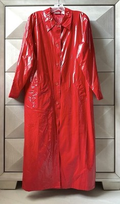 VINTAGE NEWPORT NEWS RED WOMEN'S LONG COAT 1990s PVC VINYL