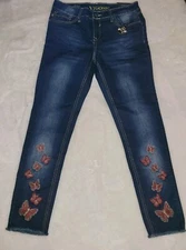 VIGOSS Austin / Butterfly Embroidered Raw Hem Stretch Denim Skinny Jeans 16 (A)