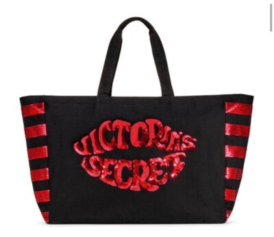 Victoria Secret Tote Bag Weekender Black Canvas Red Sequins Lips