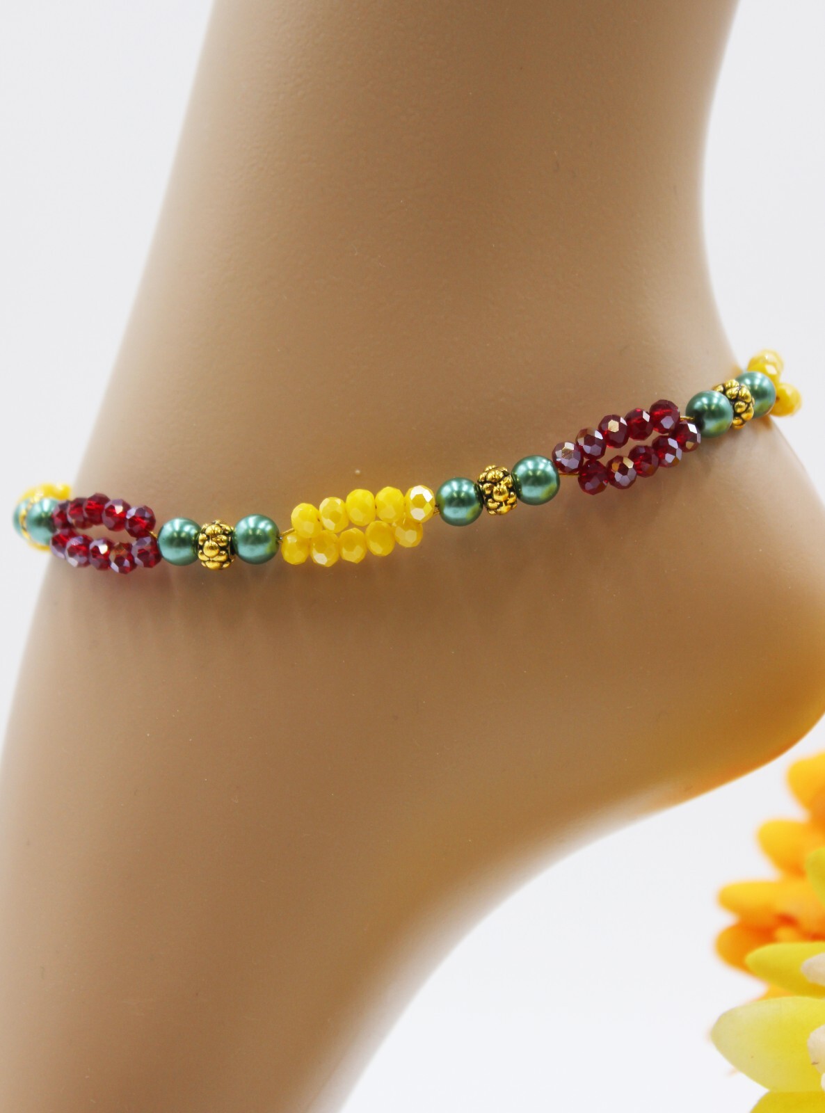 Anklet Boho Chain Colourful Yellow Red Teal Beads Gold Summer Size M #KA079