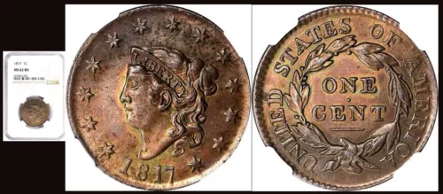 1817 1C- RARE 13 STARS TONED MARTON HEAD CENT-N-14 RARITY 1 NGC MS62BN CORONET L