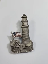 Lighthouse Brooch Pin Pewter American Flag Signed SPOON Spoontiques G11189
