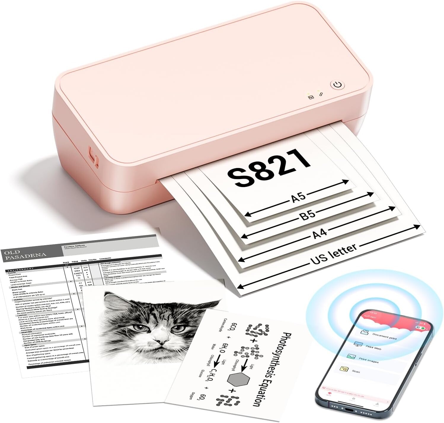 Portable Wireless Thermal Wi-Fi/Bluetooth Printer, Letter/A4/A4/A5/B5, PINK