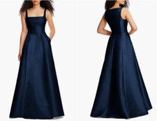 ALFRED SUNG D844 Midnight Navy Satin Corset Boned Bodice A-Line Maxi Gown 2 R XS