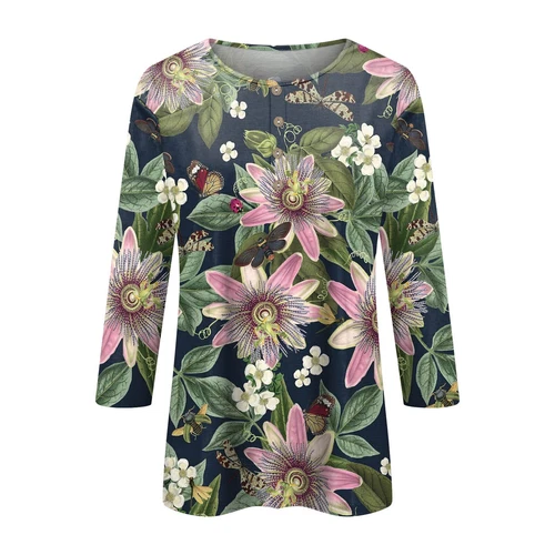 3/4 Length Sleeve Womens Tops Casual Loose Fit V-neck Shirts Floral Tunic Tops - Picture 4 of 51