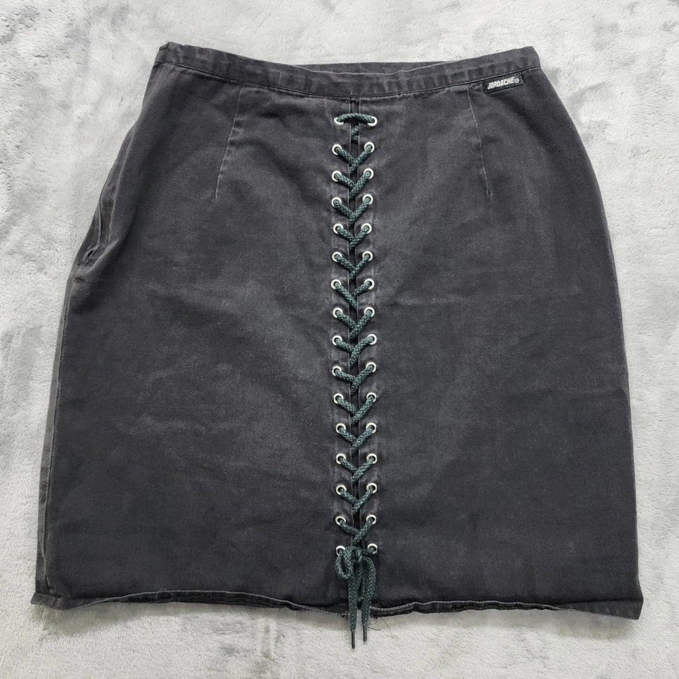 Falda Jordache Vintage Años 80 Para Mujer 9/10 Desteñida Negra Denim Lápiz Con Cordones Cremallera Trasera Foto 2 de 4