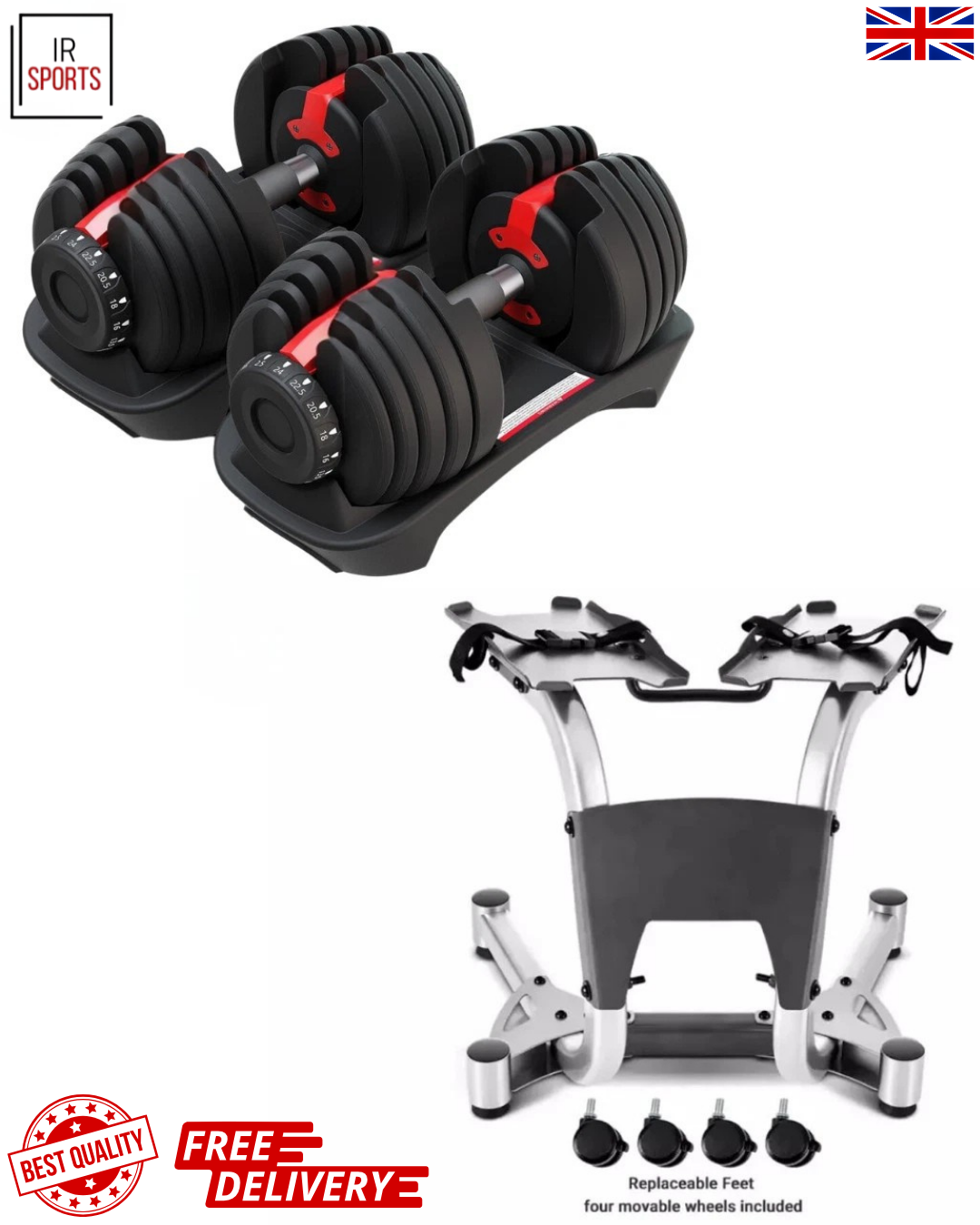 40kg Adjustable Dumbbells Set or 40kg Dumbbell Set & Storage Stand Rack Home Gym