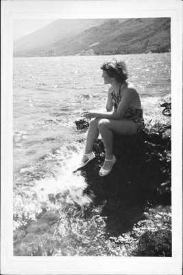 Elisabeth Kopp on the lakeshore 1950s Historic Swiss German Old Photo