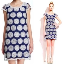 Betsey Johnson Midi Dress Dizzy Daisy Blue White Floral Embroidered Size 12