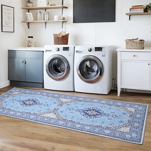 2x6 Vintage Runner Rug - Low Pile Washable Non-Slip Carpet for 2 X 6 Feet Blue - Picture 2 of 6