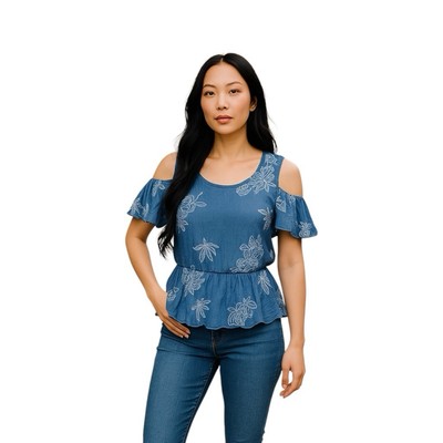 Ro & De Light Blue Floral Cold Off Shoulder Ruffle Sleeve Top Blouse Size XSmall
