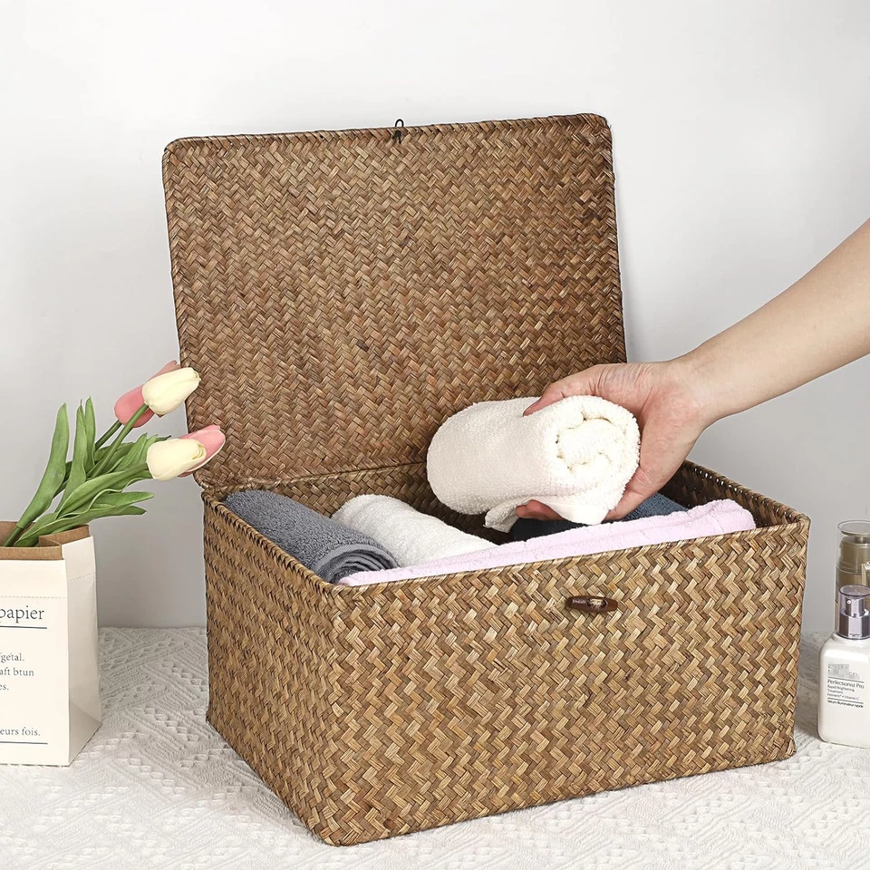 Cesto Portaoggetti in Vimini Intrecciato Con Coperchio, Rettangolare, per Bagno, - Immagine 4 di 4