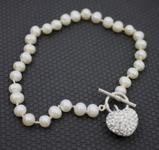 Cultured freshwater Pearl bracelet Sterling silver heart Crystal toggle clasp