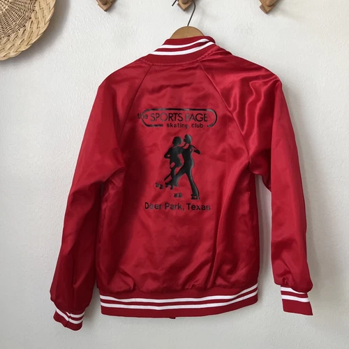 Giacca vintage Hartwell raso rosso pattinaggio a rotelle "Vicky Coach" Deer Park TX S